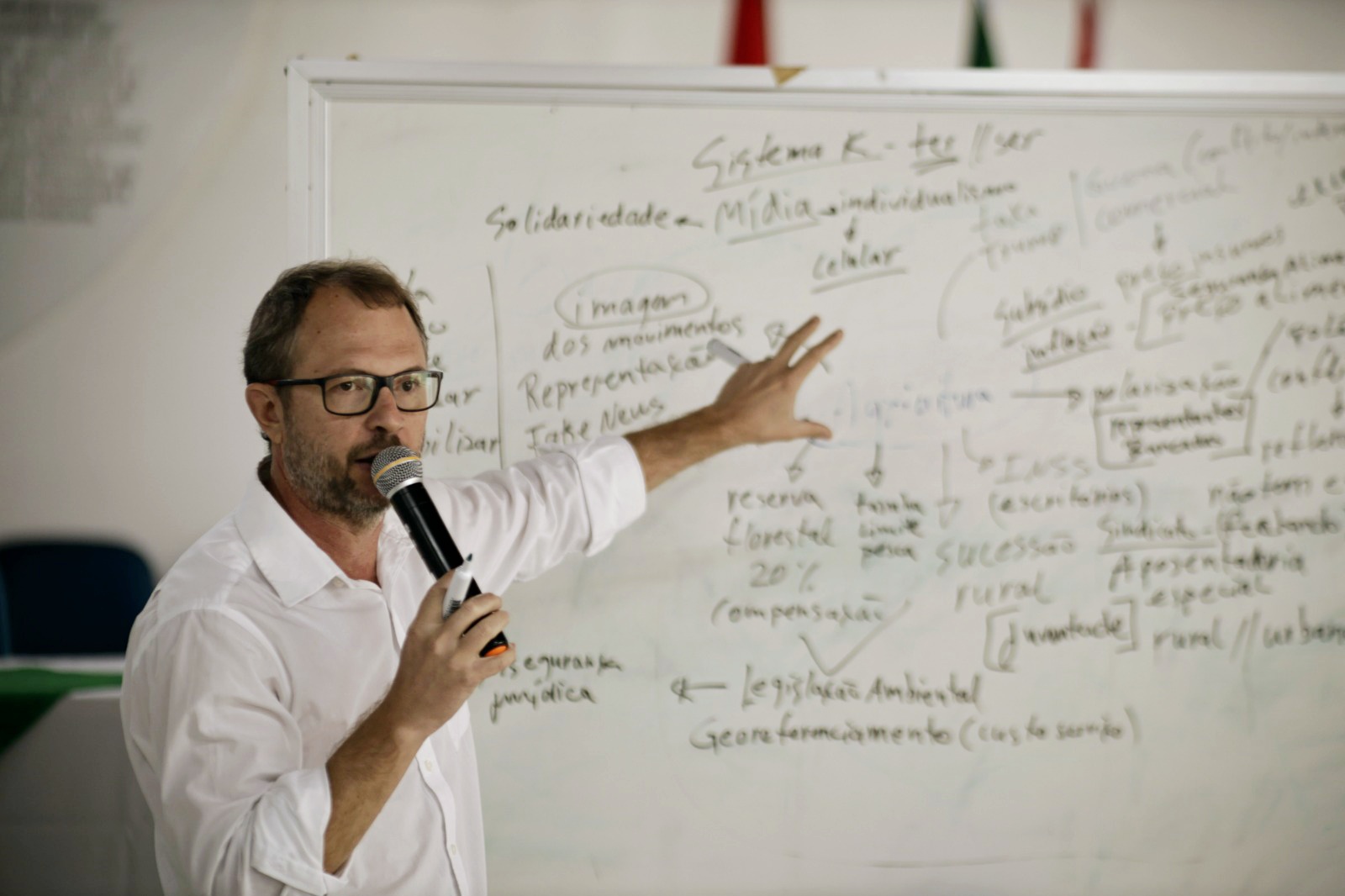 Uma homem fazendo planejamento estratégico em frente a um quadro branco com anotações.